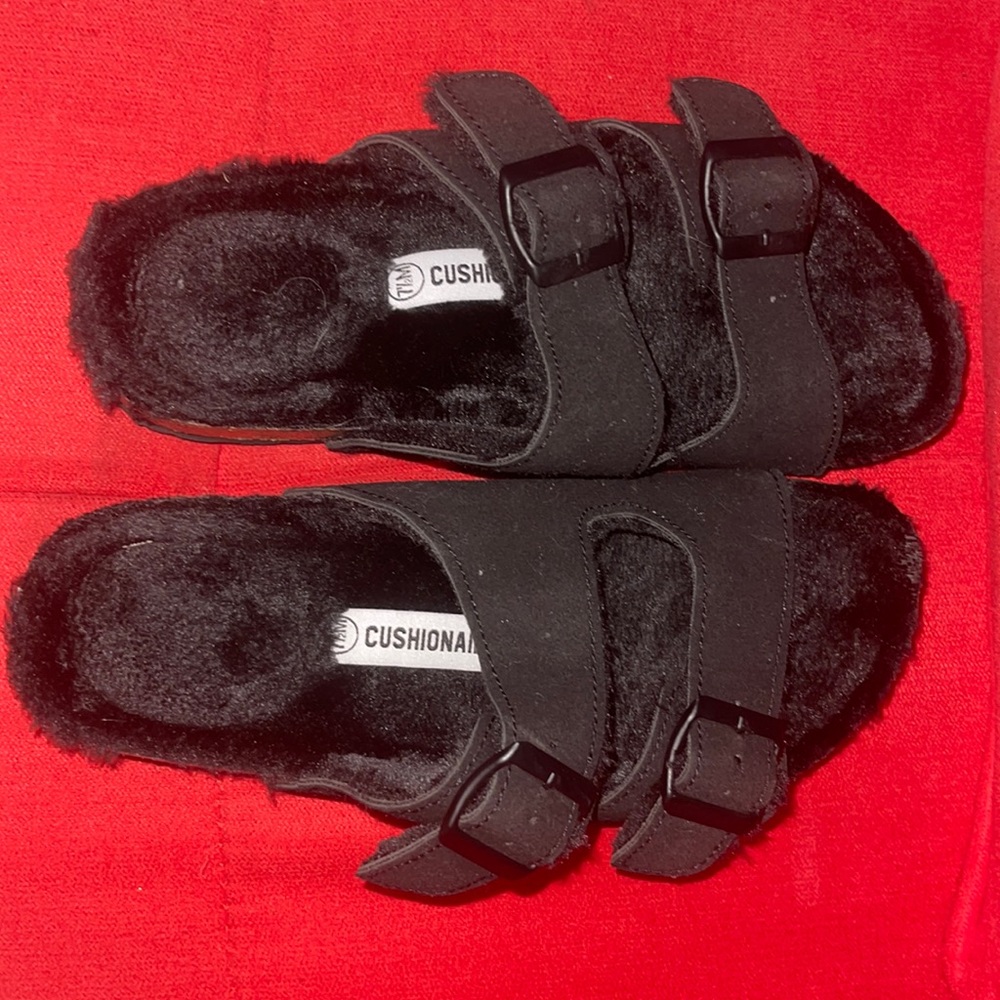 Black fuzzy slides
